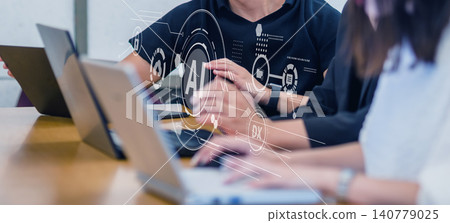 A scene from a business team meeting: Digital imagery of AI utilization and DX promotion. A scene from a business team meeting: Digital imagery of AI utilization and DX promotion. 140779025