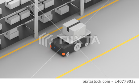 Autonomous guided vehicle (AGV) moving along warehouse shelves, 3d render Autonomous guided vehicle (AGV) moving along warehouse shelves, 3d render 140779032