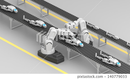 Two robotic hands connecting a leg to a humanoid robot on a conveyor belt, 3d render Two robotic hands connecting a leg to a humanoid robot on a conveyor belt, 3d render 140779033