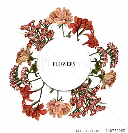 Vintage floral wreath: hand drawn botanical illustration with chrysanthemums and lilies. Watercolor flowers. Realistic botany.Flower frame. Invitation, greeting card, product advertising. Vintage floral wreath: hand drawn botanical illustration with chrysanthemums and lilies. Watercolor flowers. Realistic botany.Flower frame. Invitation, greeting card, product advertising. 140779065