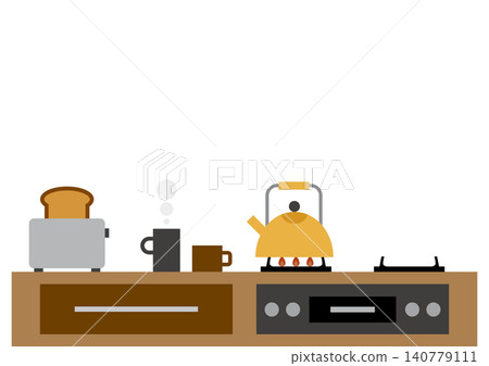A color illustration of a cooking scene in a kitchen with a stovetop, showing breakfast being prepared. A color illustration of a cooking scene in a kitchen with a stovetop, showing breakfast being prepared. 140779111