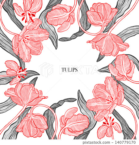 Tulip. Elegant tulip frame: hand drawn botanical illustration. Spring flowers. Invitation. Space for text. Tulip. Elegant tulip frame: hand drawn botanical illustration. Spring flowers. Invitation. Space for text. 140779170