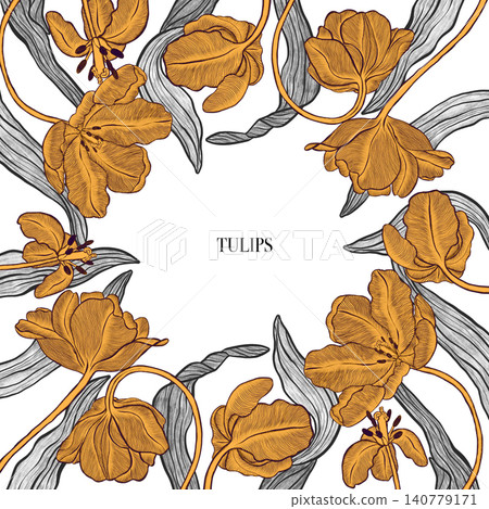 Tulip. Elegant tulip frame: hand drawn botanical illustration. Spring flowers. Invitation. Space for text. Tulip. Elegant tulip frame: hand drawn botanical illustration. Spring flowers. Invitation. Space for text. 140779171