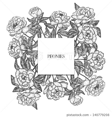 White peonies. Elegant peony frame: hand drawn botanical illustration. Graphic design. Summer flowers. Invitation. White peonies. Elegant peony frame: hand drawn botanical illustration. Graphic design. Summer flowers. Invitation. 140779208