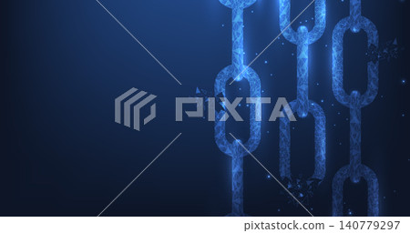 Glowing blockchain chain links shattering a broken connection or security failure against a dark blue futuristic background. Glowing blockchain chain links shattering a broken connection or security failure against a dark blue futuristic background. 140779297