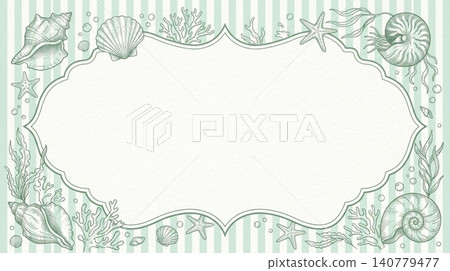 Elegant nautical frame featuring hand drawn seashells and coral illustration on a soft mint green striped background for invitations Elegant nautical frame featuring hand drawn seashells and coral illustration on a soft mint green striped background for invitations 140779477