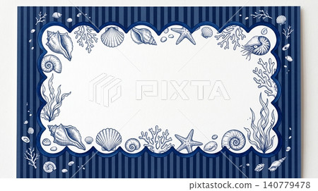 Nautical frame with hand drawn seashells and corals on a dark blue striped background for elegant wedding invitations or marine themed event stationery Nautical frame with hand drawn seashells and corals on a dark blue striped background for elegant wedding invitations or marine themed event stationery 140779478