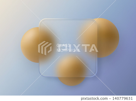 Frosted glass square banner with golden spheres on pale blue gradient background Frosted glass square banner with golden spheres on pale blue gradient background 140779631