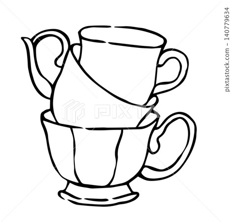 Vintage tea mugs. Sketch vector illustration. Vintage tea mugs. Sketch vector illustration. 140779634