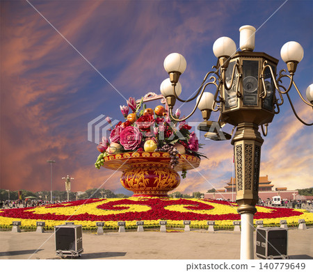 Street lamp and huge flower basket (against the sunset) in Tiananmen square, Beijing, China Street lamp and huge flower basket (against the sunset) in Tiananmen square, Beijing, China 140779649
