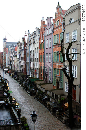 Old town square buildings in the market square Gdansk, Poland three archways Old town square buildings in the market square Gdansk, Poland three archways 140779663