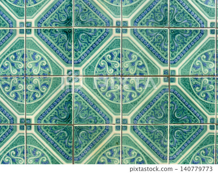 Vintage Style Teal and Blue Ceramic Tile Pattern Vintage Style Teal and Blue Ceramic Tile Pattern 140779773