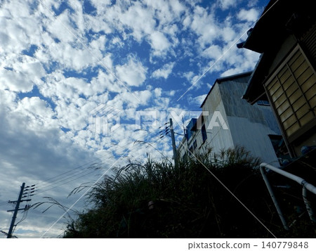Looking up at the sky from within a residential area Looking up at the sky from within a residential area 140779848