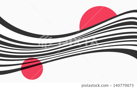 Black flowing stripes cross a light gray background with coral circles, creating a graphic vector composition for posters, editorial covers, branding, packaging, and modern art prints. Black flowing stripes cross a light gray background with coral circles, creating a graphic vector composition for posters, editorial covers, branding, packaging, and modern art prints. 140779873