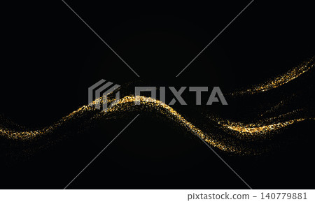 Wavy flow of golden particles on deep black background for luxury branding, holiday invitations, premium packaging, presentation covers, posters. 140779881