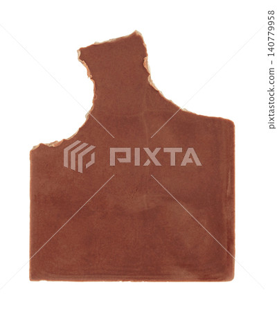 Bitten chocolate bar from the back side isolated on transparent background. Close-up sweet snack with visible bite mark and plain rear surface Bitten chocolate bar from the back side isolated on transparent background. Close-up sweet snack with visible bite mark and plain rear surface 140779958