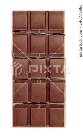 Broken chocolate bar isolated on transparent background. Close-up sweet confectionery snack with snapped pieces and visible fracture texture Broken chocolate bar isolated on transparent background. Close-up sweet confectionery snack with snapped pieces and visible fracture texture 140779966