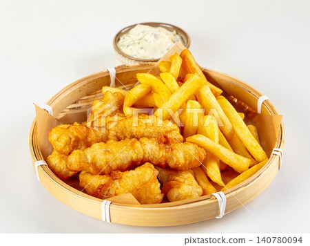 Crispy fried fish and golden french fries in bamboo basket with creamy dipping sauce Crispy fried fish and golden french fries in bamboo basket with creamy dipping sauce 140780094