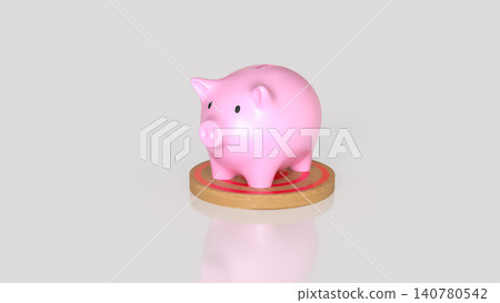 Pink Piggy Bank On Wooden Savings Platform 3d render. Pink Piggy Bank On Wooden Savings Platform 3d render. 140780542