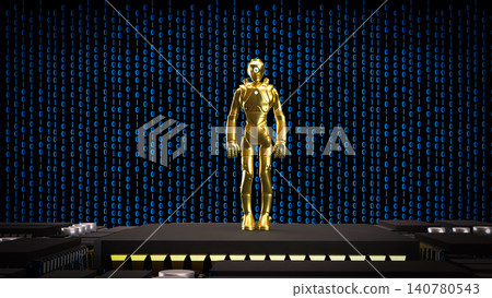 Golden Humanoid Robot On Digital Data Stage 3d render. Golden Humanoid Robot On Digital Data Stage 3d render. 140780543