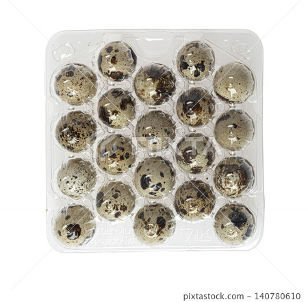 Quail eggs in transparent plastic packaging tray Quail eggs in transparent plastic packaging tray 140780610