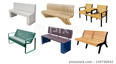 Collection of assorted benches and seating for outdoors Collection of assorted benches and seating for outdoors 140780642
