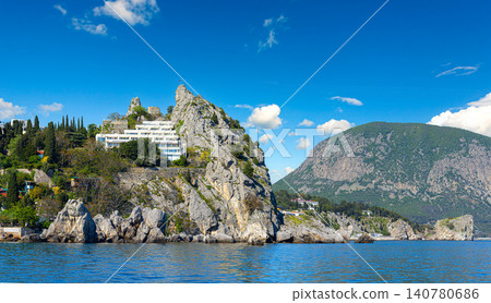 Gurzuf coastal landscape with genoese rock and black sea shore Gurzuf coastal landscape with genoese rock and black sea shore 140780686