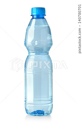 Plastic water bottle with hydrating clear liquid and blue cap Plastic water bottle with hydrating clear liquid and blue cap 140780701
