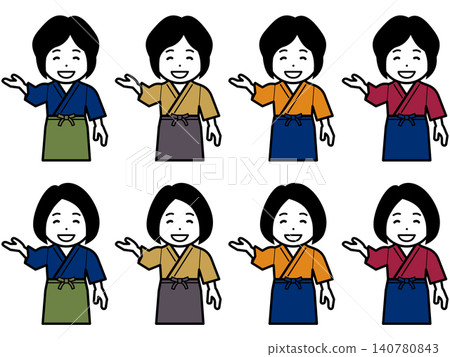 【不同髮型】身穿三重奏(日本傳統工作服)和圍裙的女性圖標,上面寫著「這邊請」。 【不同髮型】身穿三重奏(日本傳統工作服)和圍裙的女性圖標,上面寫著「這邊請」。 140780843