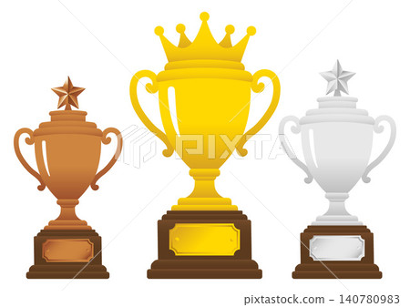 Gold, Silver, and Bronze Trophy Cup Set with Crown and Star Vector Illustration Gold, Silver, and Bronze Trophy Cup Set with Crown and Star Vector Illustration 140780983