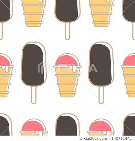 Seamless pattern of glazed chocolate ice cream on a stick and strawberry outer waffle cone. Vector ice cream on white background Seamless pattern of glazed chocolate ice cream on a stick and strawberry outer waffle cone. Vector ice cream on white background 140781443
