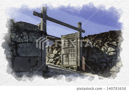 兵庫縣丹波筱山市丹波筱山城鐵門遺址的水彩畫。 兵庫縣丹波筱山市丹波筱山城鐵門遺址的水彩畫。 140781638
