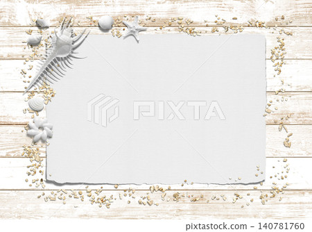 A paper frame featuring coral sand and seashells on a white wooden deck, depicting the summer sea. A paper frame featuring coral sand and seashells on a white wooden deck, depicting the summer sea. 140781760