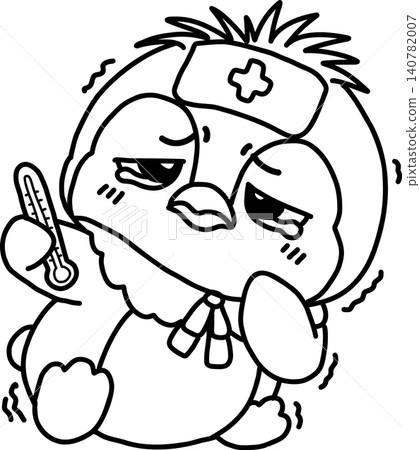 A cute, laid-back illustration of a penguin feeling lethargic from a cold. 140782007
