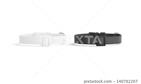 Blank black and white dog collar with plastic buckle mockup png, transparent background, 3d rendering. Empty strap with safety clasp for puppy mock up cut out, front view. Clear lock doggy accessory. 140782207