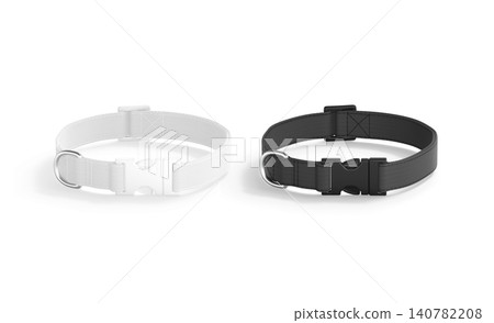 Blank black and white dog collar with plastic buckle mockup png, transparent background 3d rendering. Empty puppy necklace with clasp for control mock up cut out. Clear quick side fastener for animal. 140782208