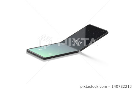 Blank turned on flexible clamshell phone display half folded mockup png, transparent background, 3d rendering. Empty flip elastic touchscreen mock up cut out. Clear flexibility smartphone device. 140782213