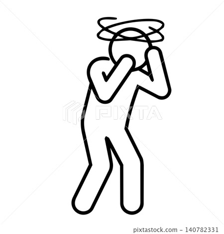 Person feeling dizzy and lightheaded icon, minimalist line art of human figure with spinning head for medical, vertigo, and healthcare concept. Person feeling dizzy and lightheaded icon, minimalist line art of human figure with spinning head for medical, vertigo, and healthcare concept. 140782331