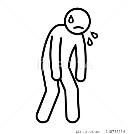 Tired person with fatigue and exhaustion icon, minimalist line art of human figure sweating and feeling weak for medical, overwork, and mental health concept. Tired person with fatigue and exhaustion icon, minimalist line art of human figure sweating and feeling weak for medical, overwork, and mental health concept. 140782334