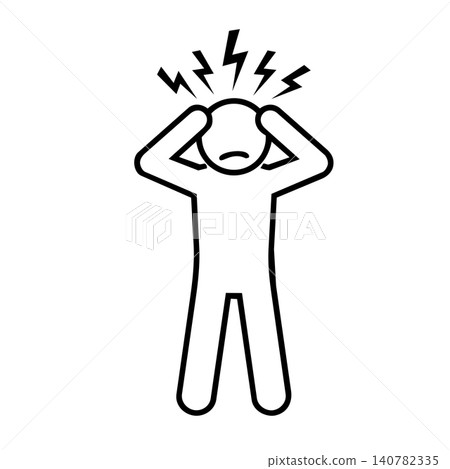 Person with severe headache and migraine icon, minimalist line art of human figure clutching head for medical, stress, and healthcare concept. Person with severe headache and migraine icon, minimalist line art of human figure clutching head for medical, stress, and healthcare concept. 140782335