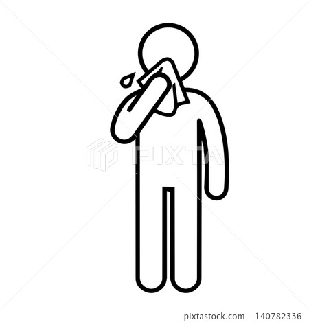 Sick person with runny nose and tissue icon, minimalist line art of human figure blowing nose for allergy, flu, and cold symptom concept. Sick person with runny nose and tissue icon, minimalist line art of human figure blowing nose for allergy, flu, and cold symptom concept. 140782336
