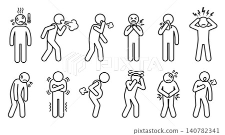 Sick person and flu symptoms icon set, minimalist line art of people with fever, cough, headache, sore throat, and stomach ache for medical and healthcare concept. Sick person and flu symptoms icon set, minimalist line art of people with fever, cough, headache, sore throat, and stomach ache for medical and healthcare concept. 140782341
