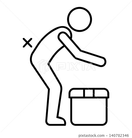 Incorrect lifting and lowering technique with bent back, minimalist line art icon of wrong posture for handling heavy box to prevent back injury. Incorrect lifting and lowering technique with bent back, minimalist line art icon of wrong posture for handling heavy box to prevent back injury. 140782346