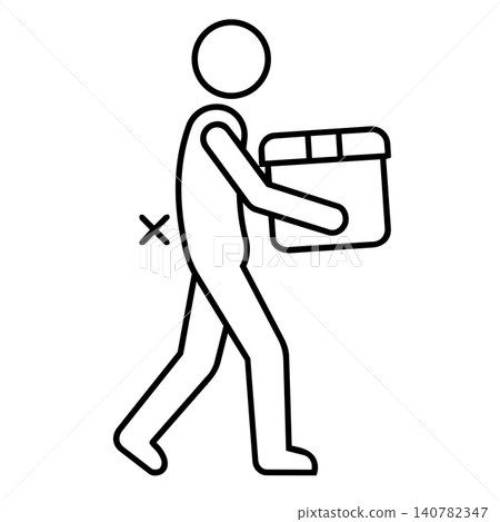 Incorrect walking posture while carrying heavy box, minimalist line art icon of wrong manual handling technique for occupational health and safety warning. Incorrect walking posture while carrying heavy box, minimalist line art icon of wrong manual handling technique for occupational health and safety warning. 140782347