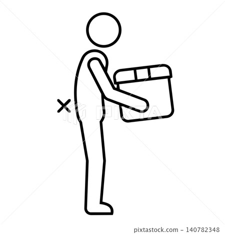Incorrect lifting posture with back strain, minimalist line art icon of person carrying heavy box in a wrong position for occupational health and safety warning. Incorrect lifting posture with back strain, minimalist line art icon of person carrying heavy box in a wrong position for occupational health and safety warning. 140782348