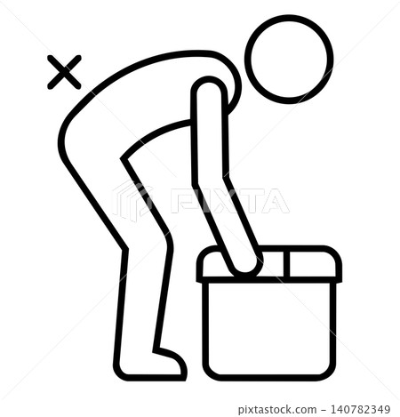 Incorrect lifting technique with bent back, minimalist line art icon showing wrong posture for manual handling of heavy boxes to prevent back injury. Incorrect lifting technique with bent back, minimalist line art icon showing wrong posture for manual handling of heavy boxes to prevent back injury. 140782349