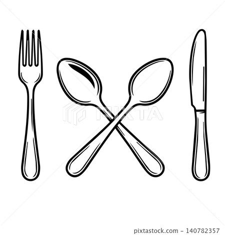 Minimalist cutlery icon set with fork, knife, and crossed spoons, black and white line art illustration for restaurant, cafe, and kitchen decor. Minimalist cutlery icon set with fork, knife, and crossed spoons, black and white line art illustration for restaurant, cafe, and kitchen decor. 140782357