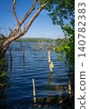 Mercers Lake near Merstham, Surrey, UK with trees on a summer's day. A danger sign warns of deep water. 140782383