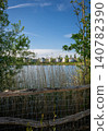 A modern housing development next to the Holmethorpe Lagoons in Mersham, Surrey, UK. Trees, reeds and fence in the foreground. Portrait orientation. 140782390