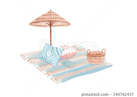 Watercolor beach picnic composition, straw umbrella, blanket, pillows, basket, book isolated on white. Hand painted coastal scene, pastel colors for travel, vacation, stationery, branding, home decor Watercolor beach picnic composition, straw umbrella, blanket, pillows, basket, book isolated on white. Hand painted coastal scene, pastel colors for travel, vacation, stationery, branding, home decor 140782437